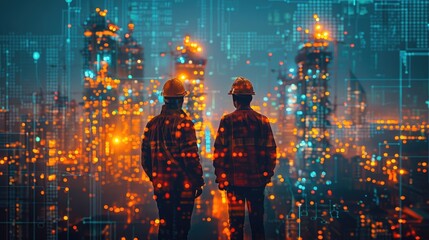 Silhouetted engineers with helmets analyze digital cityscape data overlays, representing urban development and technology integration.