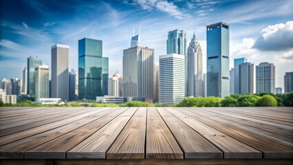 Empty Grey Wooden Table with Modern Business District Cityscape Background. Perfect for: Product Advertisements, Business Presentations, Marketing Campaigns, Real Estate Promotions.