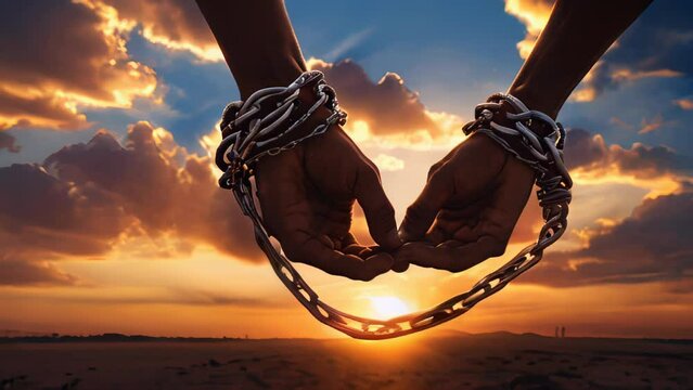 Close up of two hands tied in chains with sunset sky in the backdrop and copy space area. Suitable for Juneteenth, Black History Month etc.