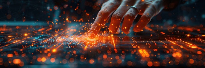 Hand interacting with futuristic touchscreen interface, sparks flying, representing technology innovation and digital transformation.