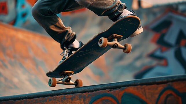 Skateboard caught in mid-air with dynamic execution, against a graffiti-filled backdrop in skate park
