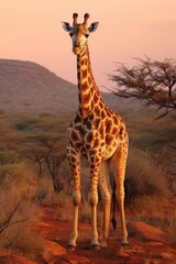Giraffe in the Golden Savannah. Giraffe standing in the field at sunset. Vertical orientation