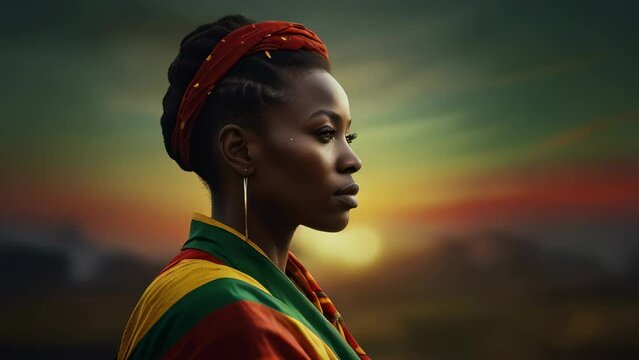 Close-up of Woman Black Ethnic with African Flag and bokeh red yellow and green on The Backdrop with Copy Space Area. Suitable for Juneteenth Freedom Day, Black History Month etc.
