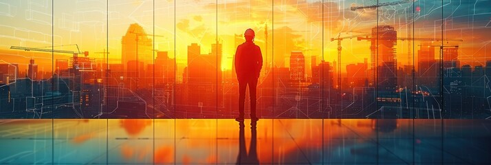 Obraz premium Silhouette of a person standing in front of a modern city skyline at sunset, reflecting on glass windows, symbolizing ambition and opportunity.