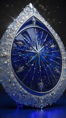 A deep sapphire blue and silver ceramic shield shaped like a starburst, with intricate patterns and "digital creator" in 3D text at the center, surrounded by twinkling stars and light beams.