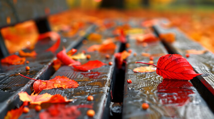 Autumn’s Touch. vibrant red leaves and small berries scattered across a wet, black bench, embodying the essence of fall.