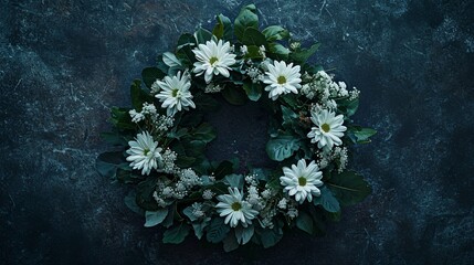 Funeral Wreath, an overhead view of a classic funeral wreath made of dark green leaves and white chrysanthemums on a dark matte surface.