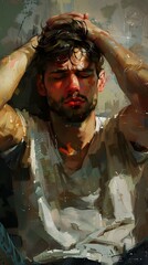 Obraz premium Portrait of a man with dark hair and a beard wearing a white shirt