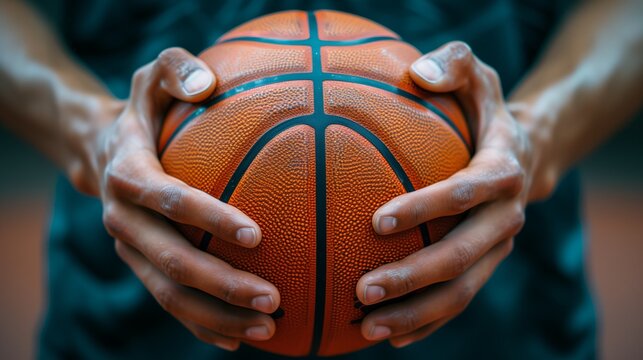 Holding the basketball.