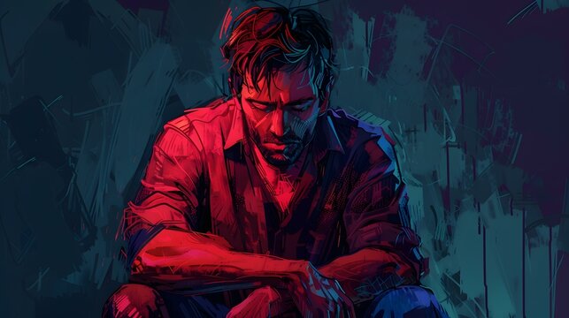 A man with red shirt sitting with his head down