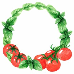 Frame from red tomato cherry, peppercorns and green basil on white background. Watercolor illustration. Vegetables and herbs for cooking delicious dishes. Template for design banner, cards, flyers.