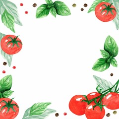 Frame from red tomato cherry, peppercorns and green basil on white background. Watercolor illustration. Vegetables and herbs for cooking delicious dishes. Template for design banner, cards, flyers.