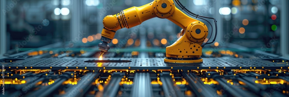 Poster yellow robotic arm in a modern factory setting, demonstrating advanced manufacturing and automation 
