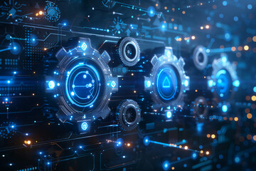 Obraz premium Abstract background with white and blue hexagons, gears, computer chips
