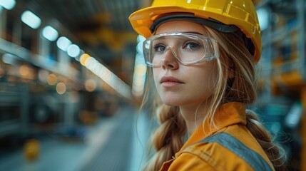 Young female engineer with safety gear in an industrial setting, representing women in engineering and manufacturing professions.