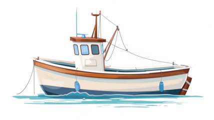 Fishing boat, vector illustration on transparent background, flat design,