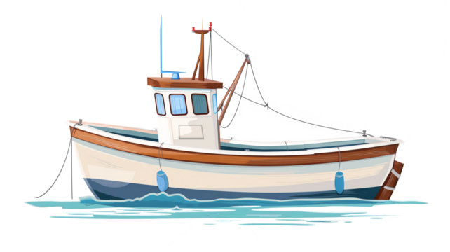 Fishing boat, vector illustration on transparent background, flat design, - Powered by Adobe