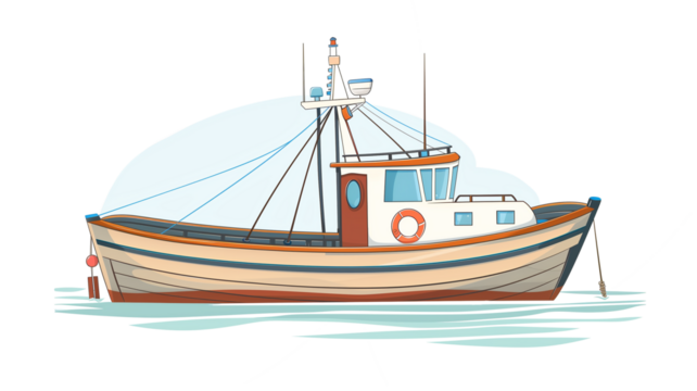 Fishing boat, vector illustration on transparent background, flat design,
