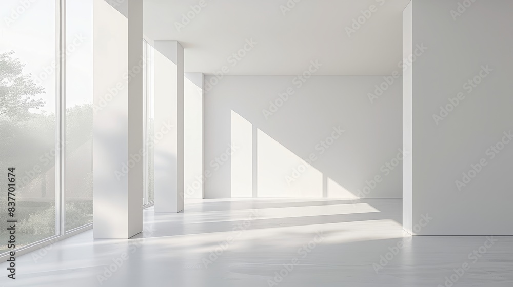 Poster modern and tranquil living space designed with minimalist approach. bright minimalist space with lar
