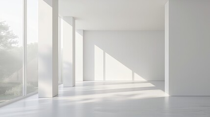 Modern and tranquil living space designed with minimalist approach. Bright minimalist space with large windows casting dynamic shadows, featuring stark white interiors and sleek modern design
