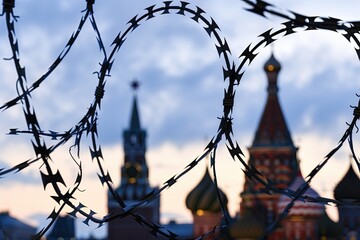 A look on St. Basil's Cathedral through a barbed wire. Russia, Moscow, Red Square. Kremlin, razor wire. Russian capital. Saint Basil's Cathedral. Human rights. Russian Federation