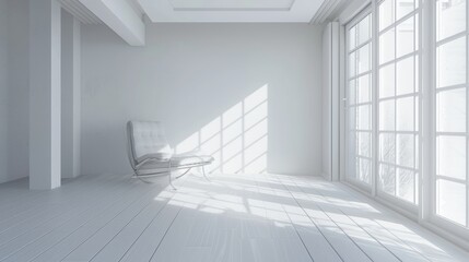 Obraz premium Clean and serene interior focusing on minimalist design with ample natural light and open space. Spacious minimalist room with single modern chair by large windows, white walls