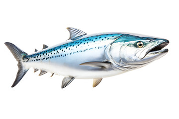 Fototapeta premium White blue Atlantic mackerel fish isolated on cut out PNG or transparent background. Found in both temperate and tropical sea or ocean. Realistic animal fish clipart template pattern.