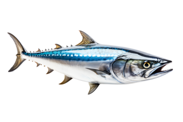 White blue Atlantic mackerel fish isolated on cut out PNG or transparent background. Realistic animal fish clipart template pattern. Found in both temperate and tropical sea or ocean. 