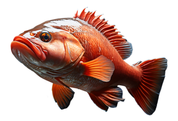 Fresh red Grouper swimming in exotic underwater habitat marine life photography. Realistic animal fish clipart template pattern. Isolated on cut out PNG or transparent background. 