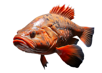 Fresh red Grouper swimming in exotic underwater habitat marine life photography isolated on cut out PNG or transparent background. Realistic animal fish clipart template pattern.