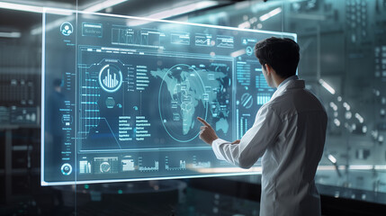 Fototapeta premium A man is pointing at a computer screen that shows a map of the world
