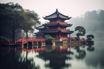 Fototapeta premium Tranquil Pagoda by Misty Lake