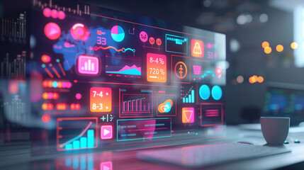 Obraz premium A computer monitor displays a colorful array of graphs and numbers