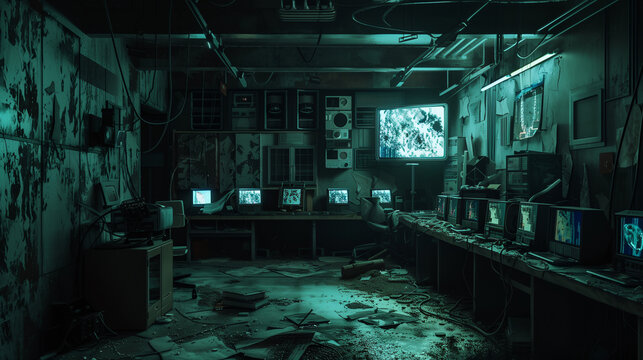 A dark room with a lot of computer monitors