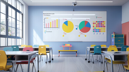 A classroom with a white board and a projector