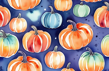 watercolor drawn pattern with orange and blue pumpkins on dark blue background