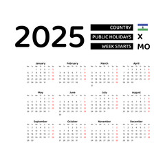 Lesotho calendar 2025. Week starts from Monday. Vector graphic design. English language.