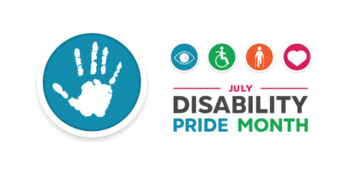 Disability Pride Month. Hand, eye, people icon and more.  Great for cards, banners, posters, social media and more. White background.  
