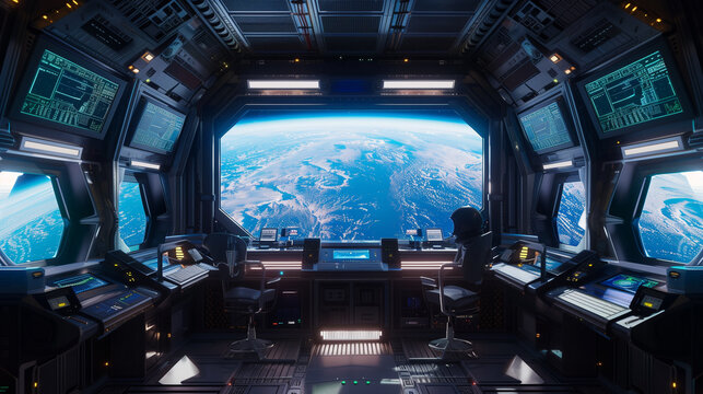 A space shuttle cockpit with a view of the Earth