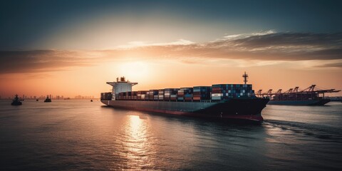 Obraz premium Majestic Container Ship at Sunset Harbor