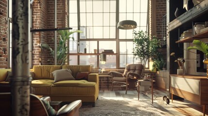 Fototapeta premium Eclectic urban loft combining rustic charm with modern aesthetics. Stylish loft with exposed brick walls and windows, featuring mix of vintage and modern furniture and vibrant houseplants