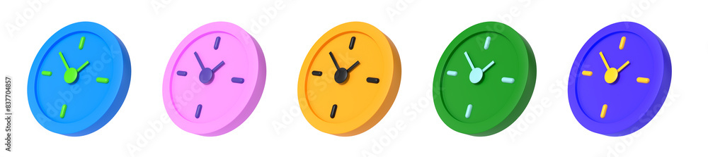 Poster time clock analog set pastel multicolored on a white background, modern minimal style for banner. 3d