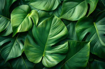 Lush green monstera leaves overlapping, natural pattern, tropical foliage, vibrant, fresh, nature.