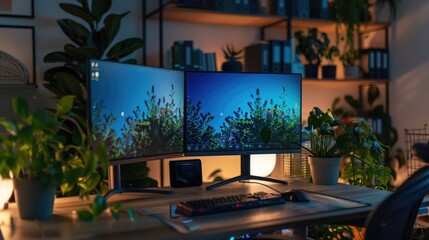 Modern Dual Monitor Office Desk Setup with Soft Lighting and Plant Decor, Professional Workspace .