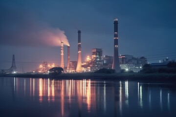 Illuminated Industrial Factory at Night