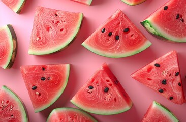 Vibrant watermelon slices on a pink background, showcasing fresh, juicy, and colorful summer fruit.