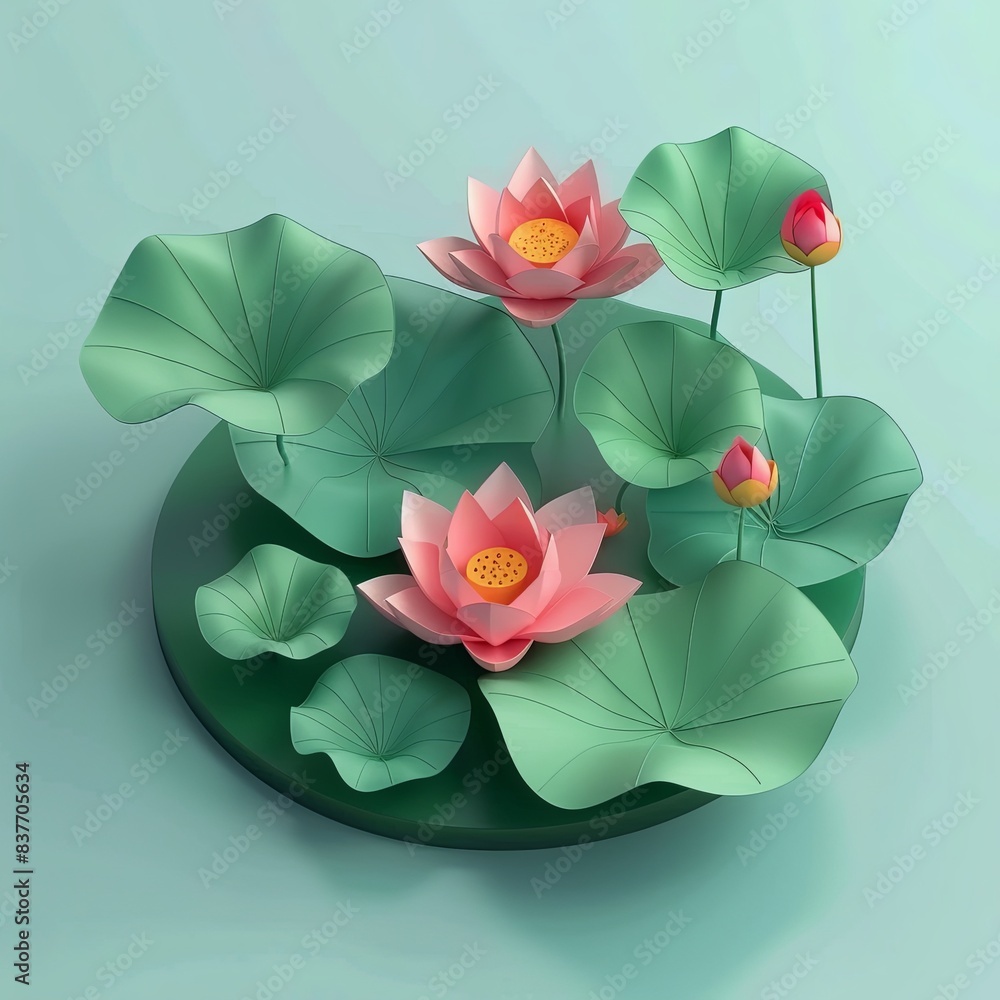 Canvas Prints 3D isometric illustration of Lotus and lotus leaf scene