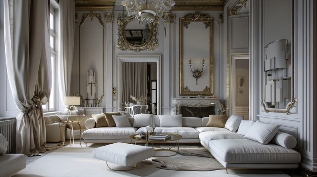 Luxurious living room in neoclassical style with white upholstery and elegant decor details under natural lighting. Elegant neoclassical living room with gilded mirrors, white sofas