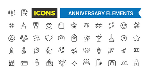 Party, celebration, anniversary icon set. Outline icons pack. Editable vector icon and illustration.