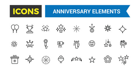 Party, celebration, anniversary icon set. Outline icons pack. Editable vector icon and illustration.